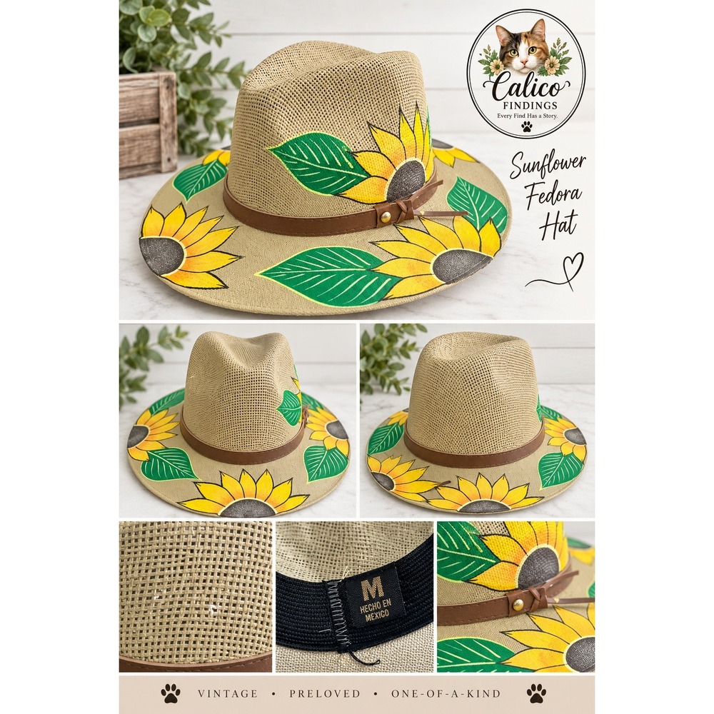 Hand Painted Sunflower Straw Fedora Hat Tan Wide‎ Brim Mexico Boho Medium